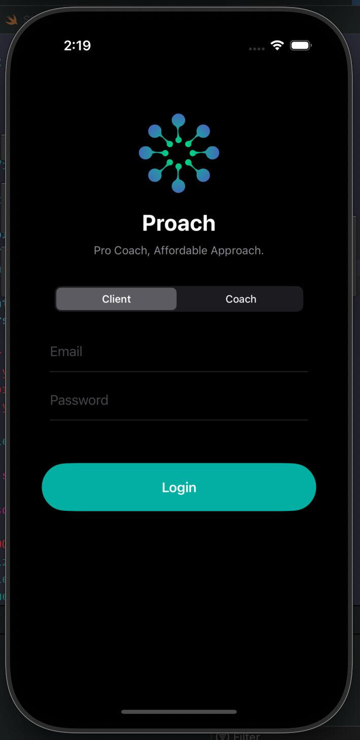 Proach App Sign-in Page Image of Proach sign-in, email, password and Login button